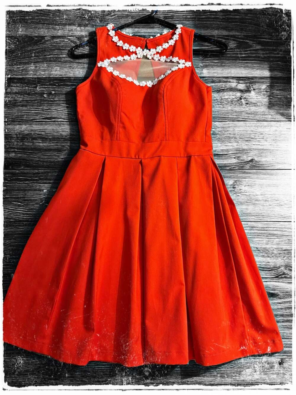 Vintage Red Fit & Flare Dress with White Floral Lace Trim & Sheer Neckline XS